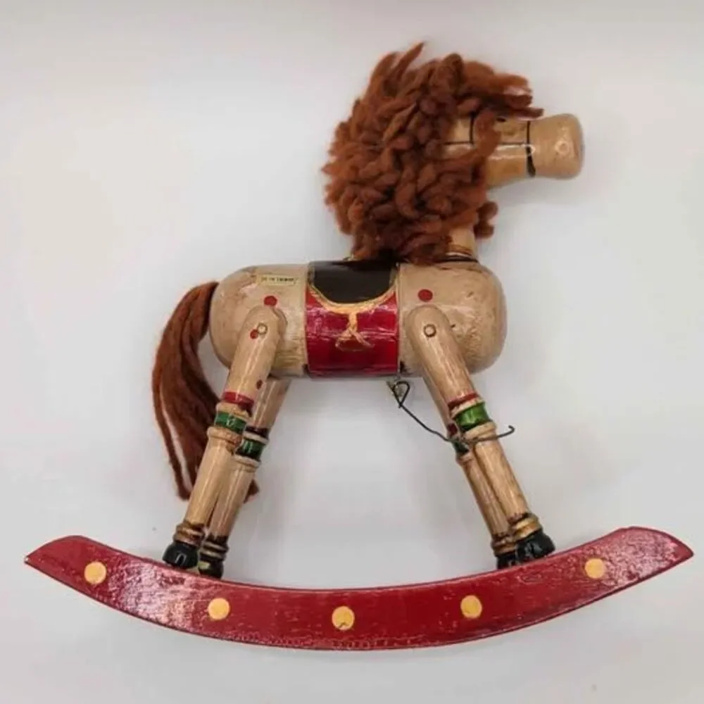 Vintage 1980 Wooden Rocking Horse Christmas Ornament Hand Painted Yarn Mane